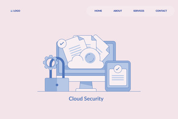 Cloud document on pc and tablet screen, padlock indicates secure cloud data storage, flat design outline technology banner.