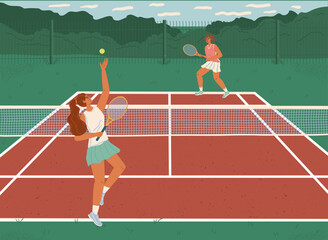 Two girls playing tennis on clay court vector illustration. Woman tennis players with rackets play in tournament