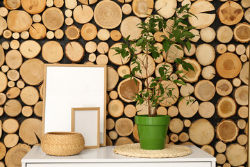 Houseplant, blank frames and basket on shelf near wooden wall