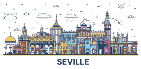 Outline Seville Spain City Skyline with Colored Historic Buildings Isolated on White.