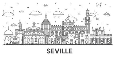Fototapeta premium Outline Seville Spain City Skyline with Historic Buildings Isolated on White.