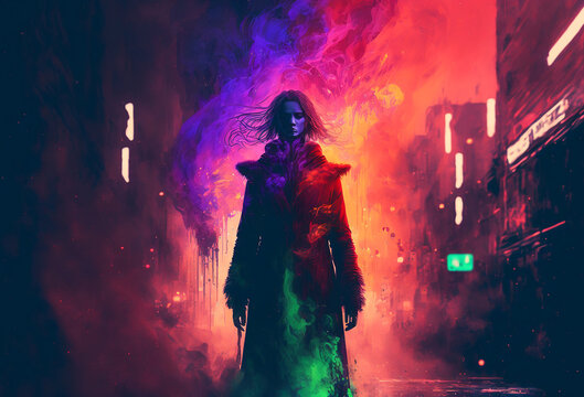 Woman As Smoke Wearing A Muppet Fur Gown In Neon Lights And Digital Rain.