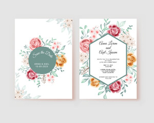 Fototapeta na wymiar Rose Pink Yellow Wedding invitation template Green card