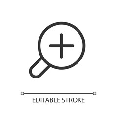 Magnifying glass with plus for map pixel perfect linear ui icon. Magnifier tool. Zoom in text. GUI, UX design. Outline isolated user interface element for app and web. Editable stroke. Arial font used