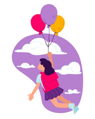 Small girl flying on balloons, imagination and opportunities