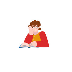 The girl holds her head with her hand and carefully reads her notes. Young woman is preparing for an exam and reading an educational book. Vector illustration in flat cartoon style