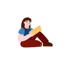 Fototapeta na wymiar Girl reading a book sitting on the floor. Young woman learning some educational books, notes. Getting knowledge is her lifestyle. Vector illustration with character in cartoon style