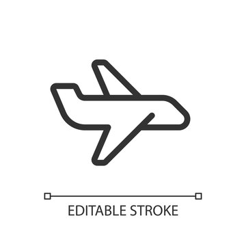 Airliner pixel perfect linear ui icon. Passenger flight. Transport mode. Commercial airplane. GUI, UX design. Outline isolated user interface element for app and web. Editable stroke. Arial font used