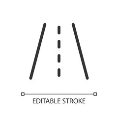 Road surface pixel perfect linear ui icon. Roadway markings. Highway. Interstate route. GUI, UX design. Outline isolated user interface element for app and web. Editable stroke. Arial font used