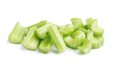 Heap of fresh cut celery on white background