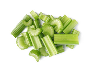 Heap of fresh cut celery on white background