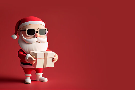 Happy Santa Claus wearing sunglasses and holding a gift box on red background image created with Generative AI technology.