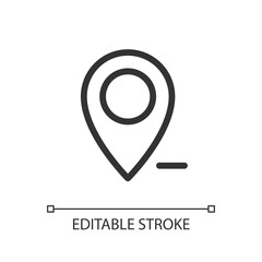 Remove pin from map pixel perfect linear ui icon. Unpin location. Delete GPS destination. GUI, UX design. Outline isolated user interface element for app and web. Editable stroke. Arial font used