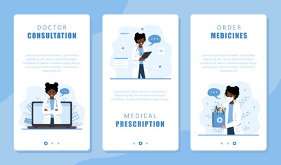 Online medicine service set. African woman doctor giving virtual medical consultation and digital prescription. Delivery medicines. Telemedicine concept. Vector illustration in flat cartoon style.