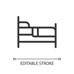 Finding bed to sleep pixel perfect linear ui icon. Rest area and hotel. Homeless shelter. GUI, UX design. Outline isolated user interface element for app and web. Editable stroke. Arial font used