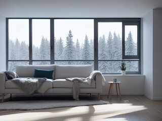 Beautiful winter wonderland outside a Nordic living room