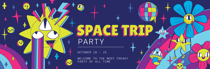 Space trip party invitation flyer in Y2k retro style with trippy psychedelic characters flowers, stars, mushrooms on rainbow. Surreal vector trendy invite card for night club amusement entertainment