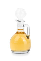 Decanter of apple cider vinegar on white background