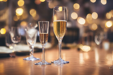 Celebration with glasses of champagne on a golden christmas background