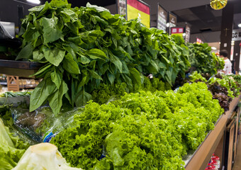 Fresh spinach and lettuce in the supermarket. Vegetables and fruits exposed for consumer choice. Brazilian hortifrutti