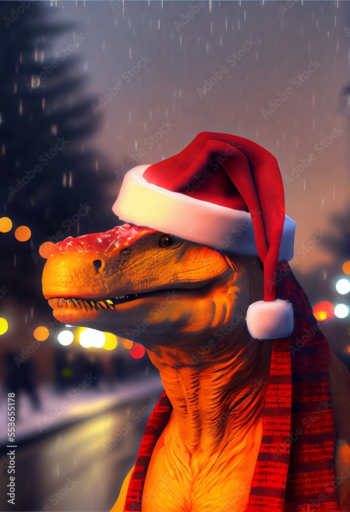 Wall mural generative ai abstract render of a t-rex as santa claus