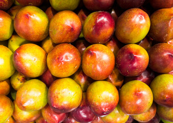 Fresh nectarines in the supermarket. Vegetables and fruits exposed for consumer choice. Brazilian hortifrutti