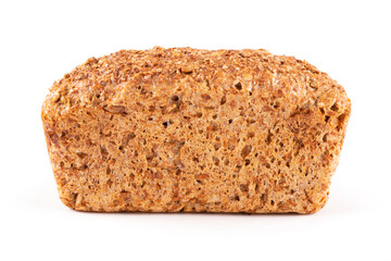 A loaf of bread made of whole grain rye flour on a white isolated background. Side view, close-up, crust. Bread without yeast, with sourdough. Proper nutrition. Template, design.