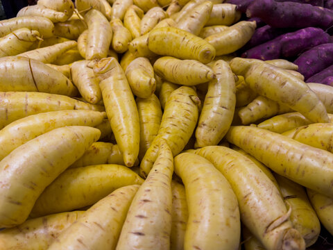 Fresh yellow baroa potatoes in the supermarket. Vegetables and fruits exposed for consumer choice. Brazilian hortifrutti