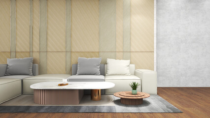 Modern living Resort with Simple living area - white-gray sofas with bare concrete walls and artificial wooden walls and wood floors - 3d Rendering