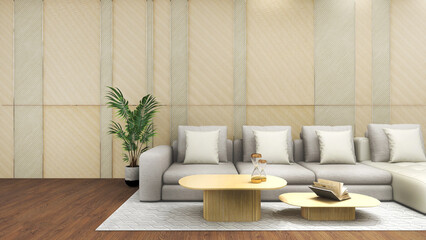 Modern living Resort with a simple living section - White sofa with artificial wooden walls and wood floors -3d Rendering