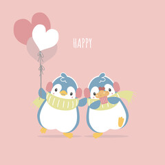 cute and lovely hand drawn penguin holding balloon and cupcake with heart, happy valentine's day, love concept, flat vector illustration cartoon character costume design