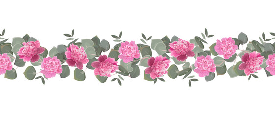 Fototapeta na wymiar Seamless vector pattern. Floral border. Green eucalyptus, pink peonies. 