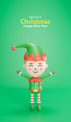 3D Rendering. Celebration concept. Set of Happy elf in red clothes 3d. Elf character little Santa's helpers holding holiday gifts and decorations. Merry Christmas, Marry New Year, Xmas