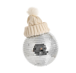 Disco ball with warm hat on white background