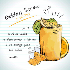Golden Screw cocktail, vector sketch hand drawn illustration, fresh summer alcoholic drink with recipe and fruits	