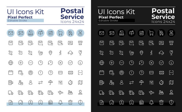Mail service pixel perfect linear ui icons set for dark, light mode. Outline isolated user interface elements for night, day themes. Editable stroke. Montserrat Bold, Light fonts used