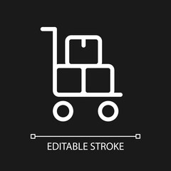 Pallet truck with parcels pixel perfect white linear ui icon for dark theme. Warehouse equipment. Vector line pictogram. Isolated user interface symbol for night mode. Editable stroke. Arial font used