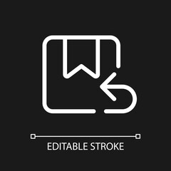 Return parcel pixel perfect white linear ui icon for dark theme. Postage management. Vector line pictogram. Isolated user interface symbol for night mode. Editable stroke. Arial font used