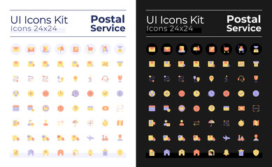 Mail service flat color ui icons set for dark, light mode. Delivery and postal services. GUI, UX design for mobile app. Vector isolated RGB pictograms. Montserrat Bold, Light fonts used