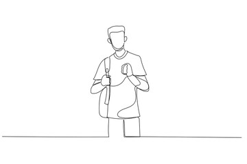 Drawing of successful young student of carrying bag in his shoulder. Continuous line art style