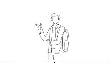 Cartoon of young man pointing, surprised by something or someone. One continuous line art style
