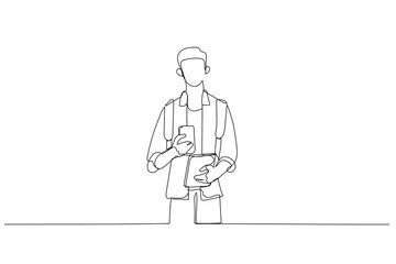 Illustration of young man having note and using phone generating ideas while surfing net. Single line art style