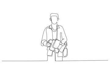 Cartoon of asian student with a confident look wearing backpack ready to go to class. Single line art style