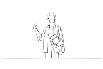 Fototapeta premium Cartoon of student in casual clothes glasses with backpack hold books pointing index finger up. One line style art
