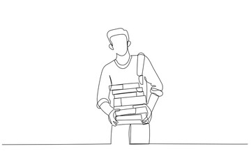Cartoon of happy student carrying books and study materials. One continuous line art style