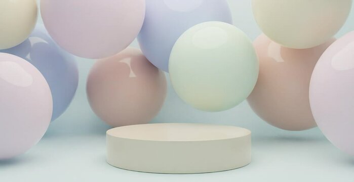 A lot of pastel balloon with round podium in light blue background