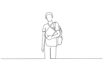 Cartoon of young college student with backpack and books. One line style art