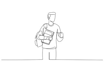 Illustration of young man with notebook and student backpack pointing with hand and finger. Single continuous line art