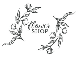 Flower shop elegant logotype or emblem monochrome sketch outline