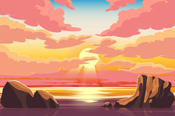 Naklejka na ściany i meble Sea ocean scenery at sunset with orange sun vector illustration